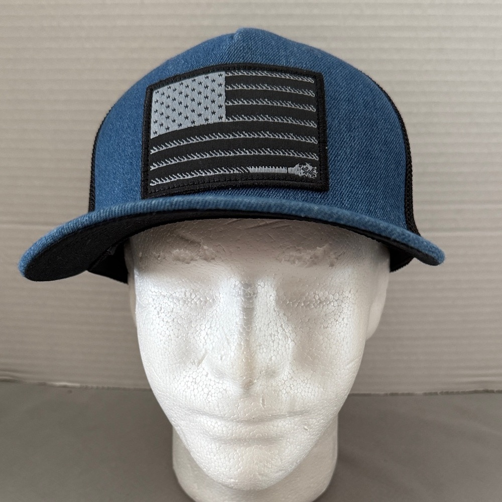 Hooey Liberty Roper Denim & Black Mesh Trucker Cap Hat Flex Fit Flag Patch L-XL